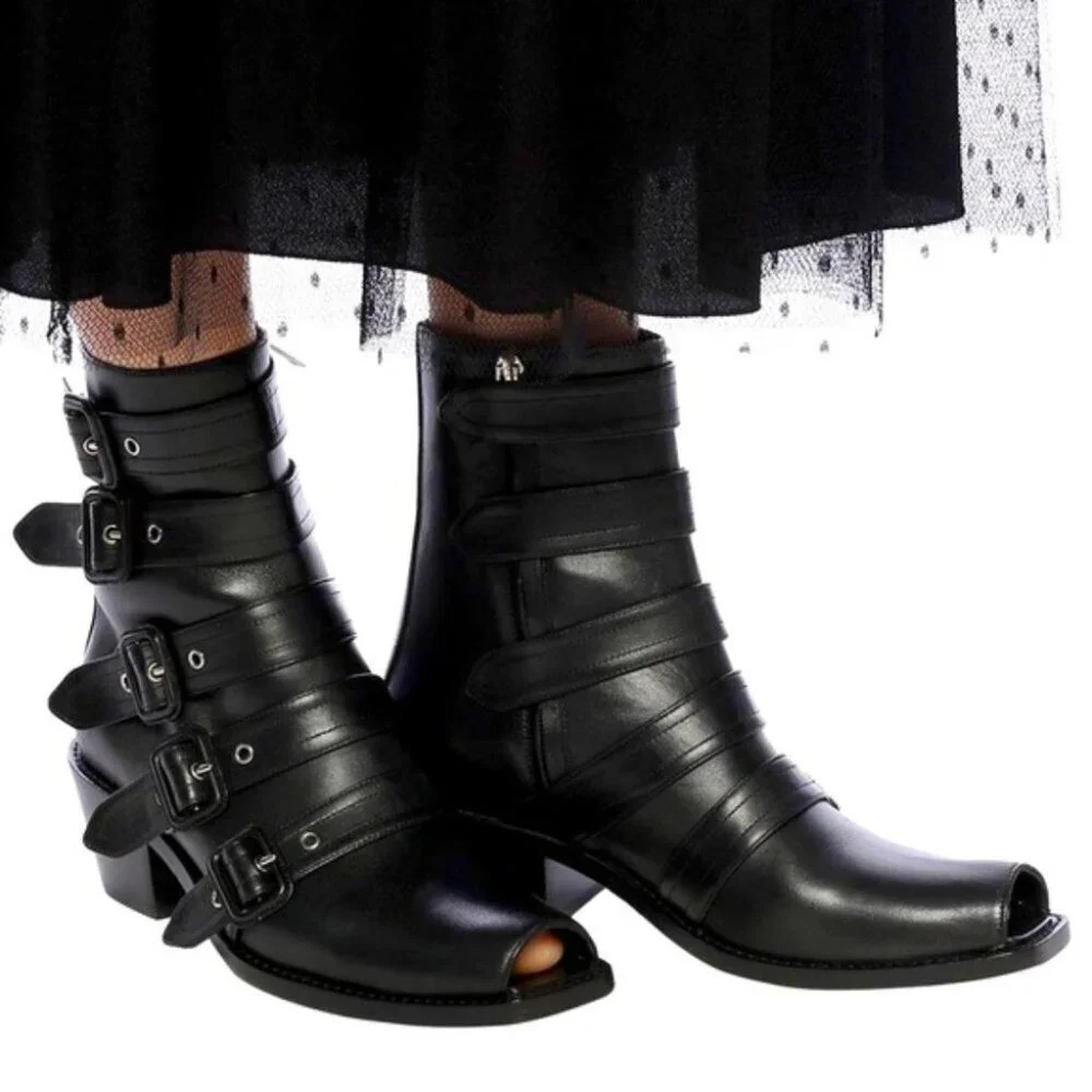 Burberry Albertina Moto Biker Peep Toe Buckle Boot Black Leather Size 36.5/6.5